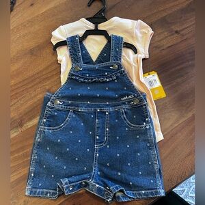 Carhartt Pink Tee with Blue Denim Polka-Dot Overall Shorts